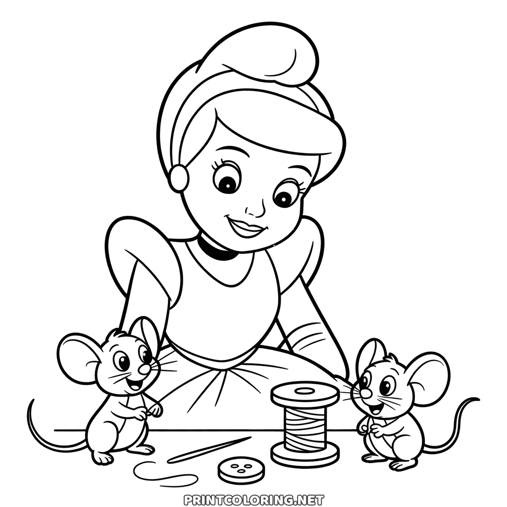 Cinderella sewing coloring page for kids, two little mice beside the princess with a spool, a needle and a button