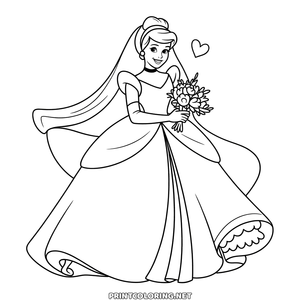 Cinderella bride coloring page: the princess in a long flowing veil, holding a bouquet, a heart beside her