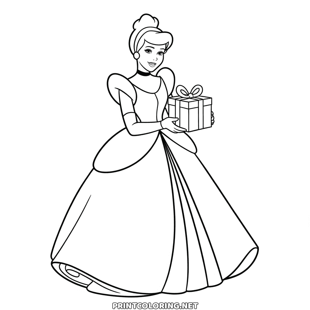 Printable Cinderella coloring page: the princess in her ball gown holding a wrapped gift with a bow