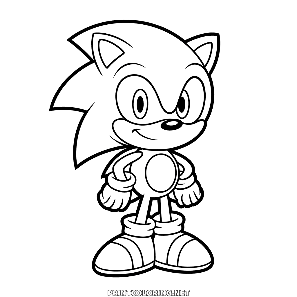 Sonic le hérisson debout, mains sur les hanches et sourire en coin, coloriage gratuit à imprimer