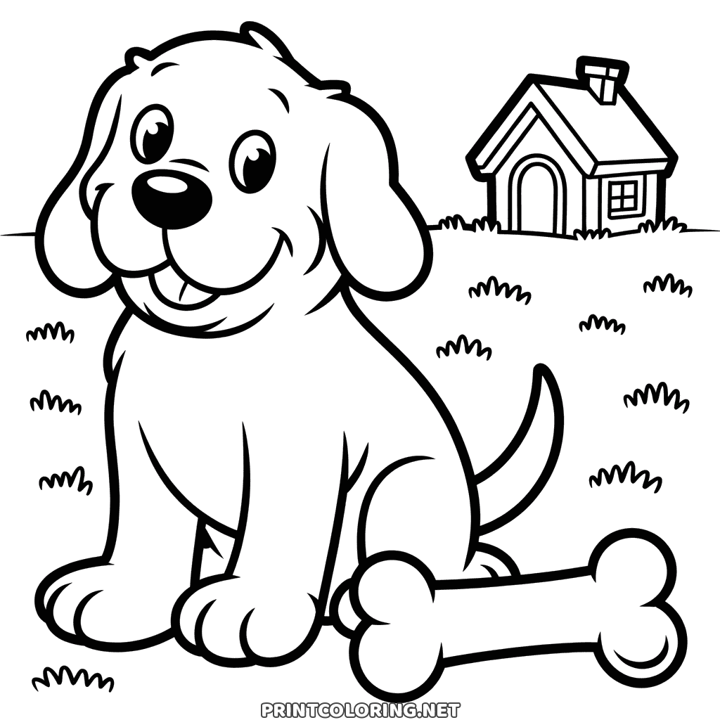 Giant smiling Clifford sitting by a huge bone, a tiny house far behind, dog coloring page