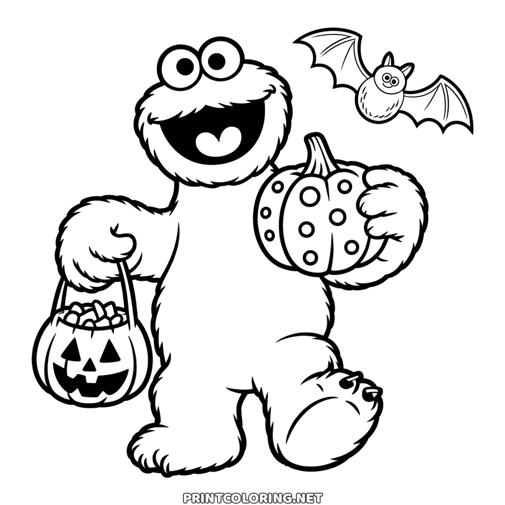 Funny Cookie Monster Halloween coloring page: a shaggy monster with a cookie and bucket