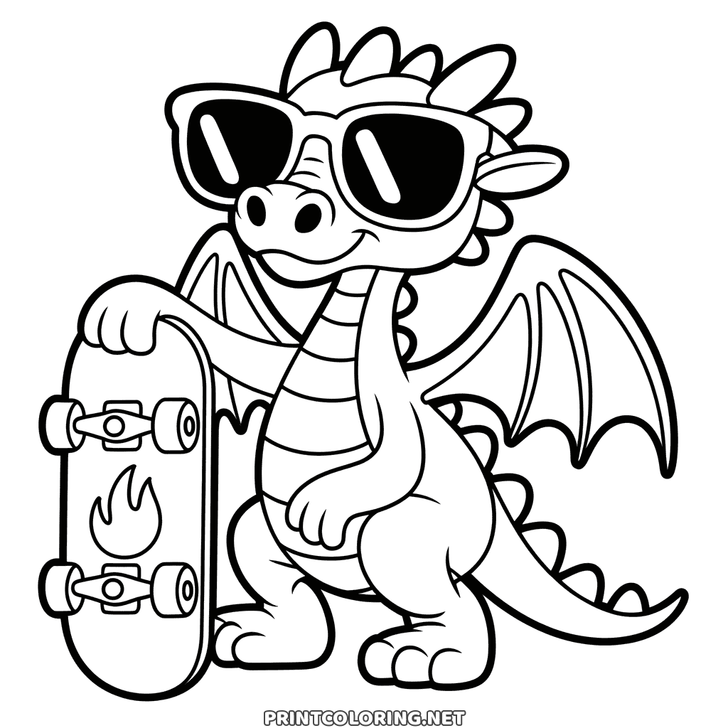 Coloring page of a cool dragon wearing sunglasses and holding a skateboard with a flame