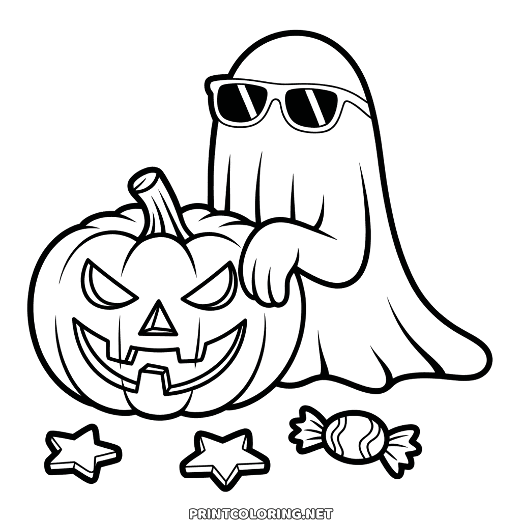 Cool Halloween ghost in sunglasses leaning on a carved pumpkin, easy page to color