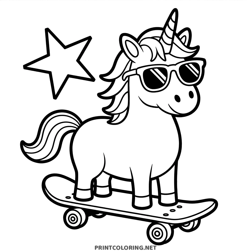 Cool unicorn coloring page wearing sunglasses while riding a skateboard