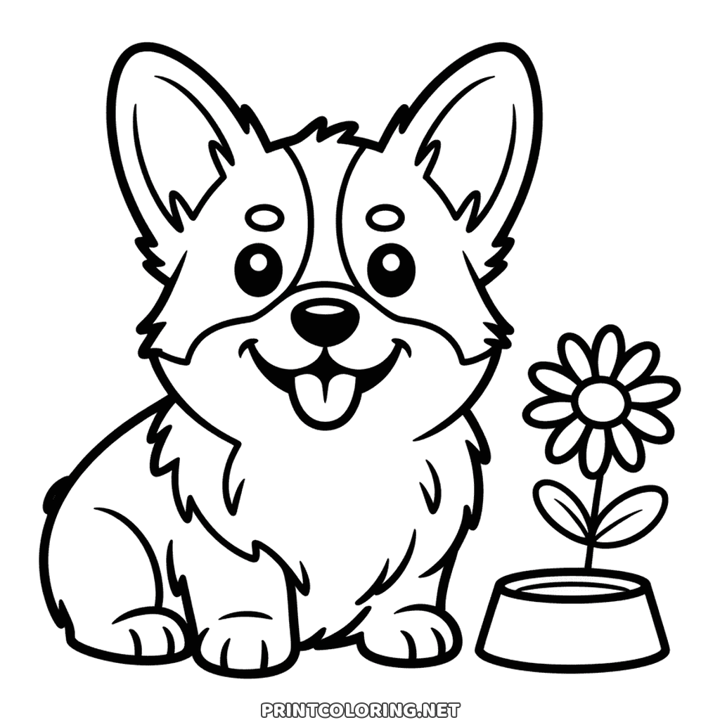Corgi hund målarbild gratis: luddig, med tungan ute och sin egen matskål bredvid