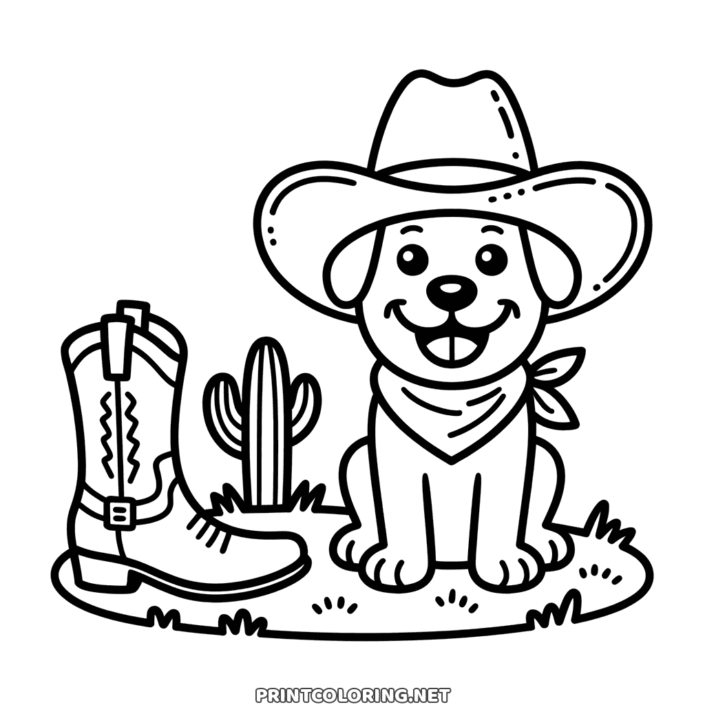Cowboy puppy coloring page: a pup in a big hat and bandana next to a boot and a cactus