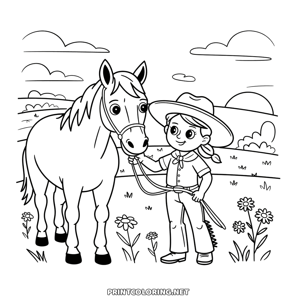 Cowgirl and horse coloring page: a girl in a wide hat holding a tall horse's bridle