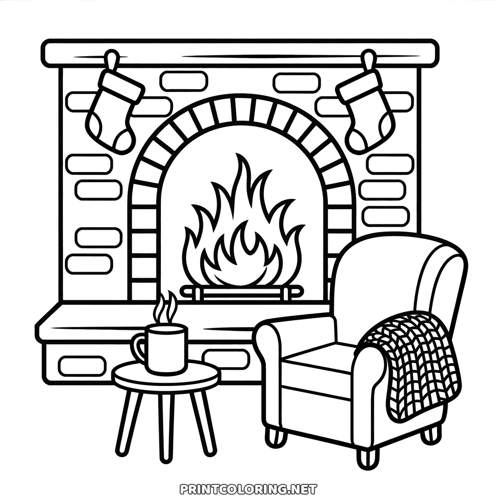 Winter fireplace coloring page: a fire in a brick hearth, stockings, an armchair and a mug