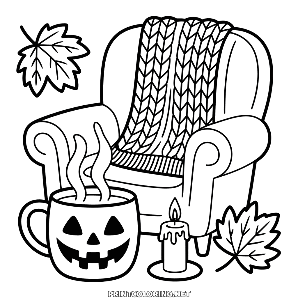 Cozy Halloween armchair with a knitted blanket, a carved mug and a candle, free to color