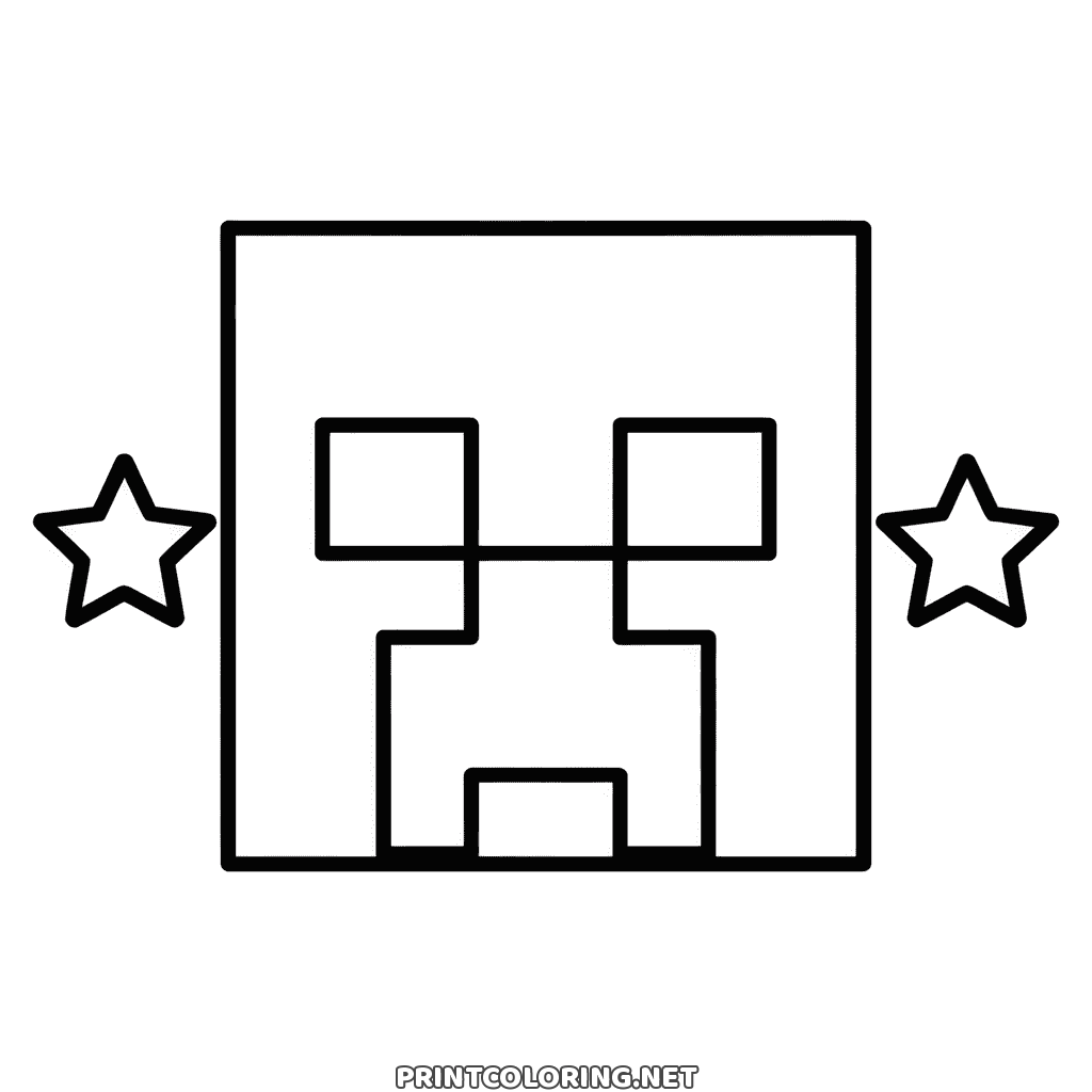 Creeper face coloring page: a big square Minecraft Creeper face between two stars