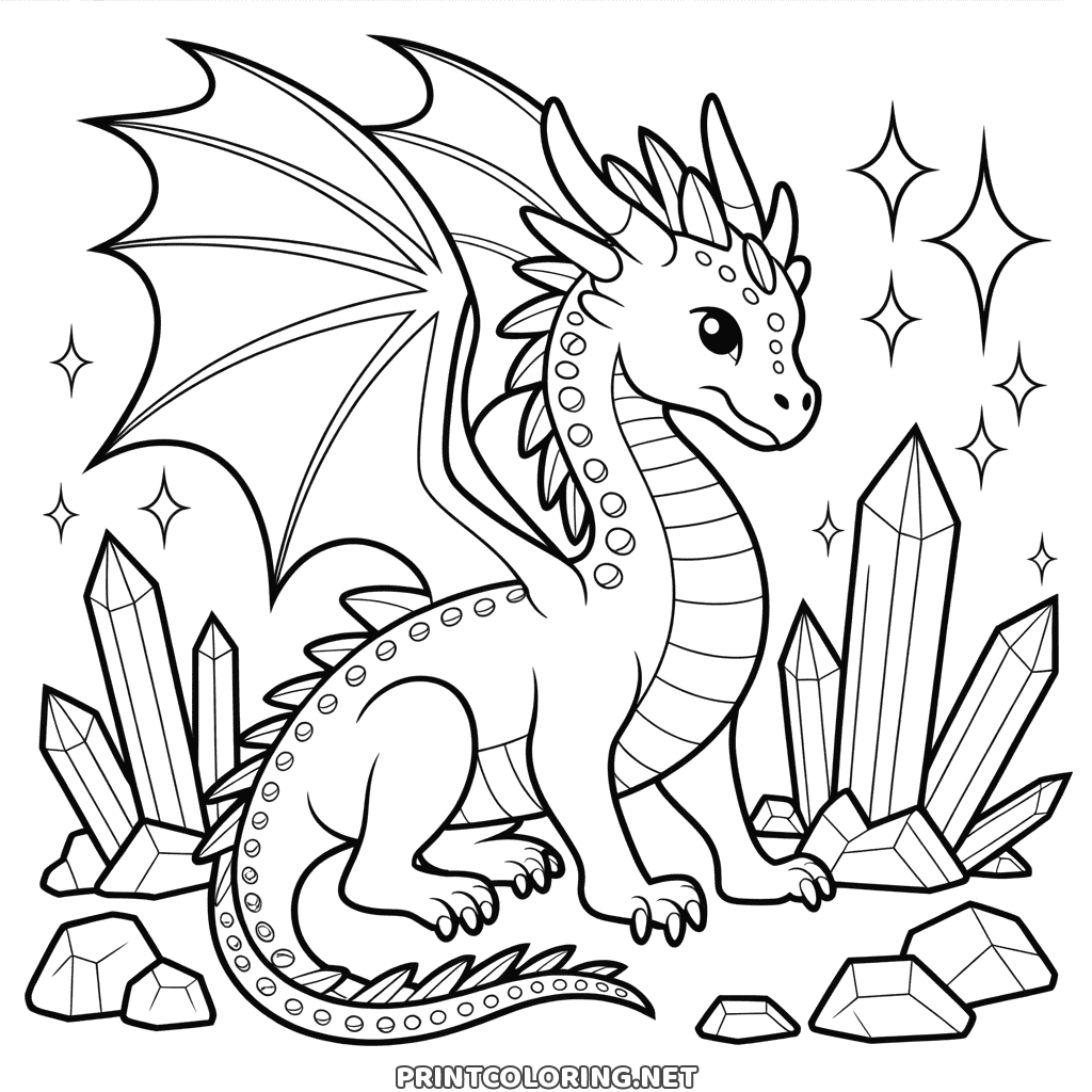 Detailliertes Ausmalbild: ein geflügelter Drache zwischen Kristallen und funkelnden Sternen