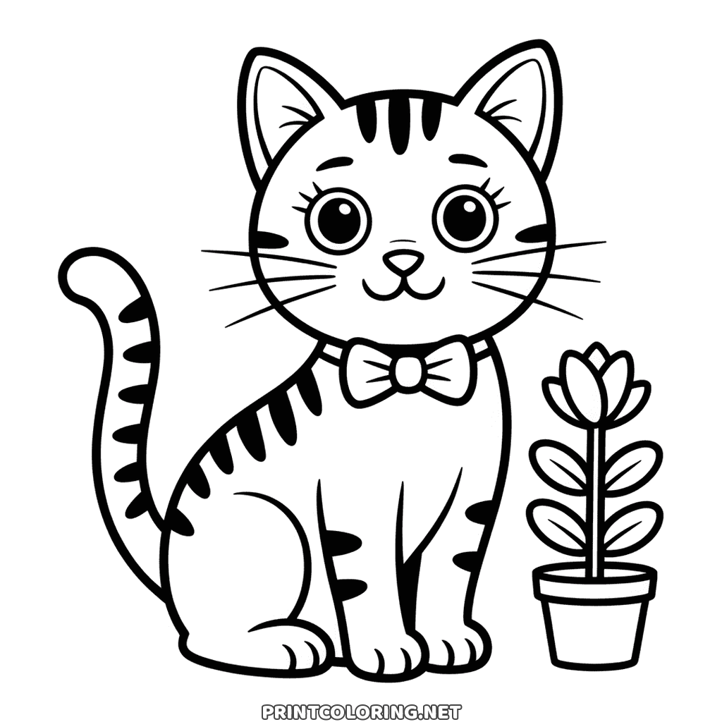 Cute cat coloring page: striped tabby in a bow tie beside a potted flower