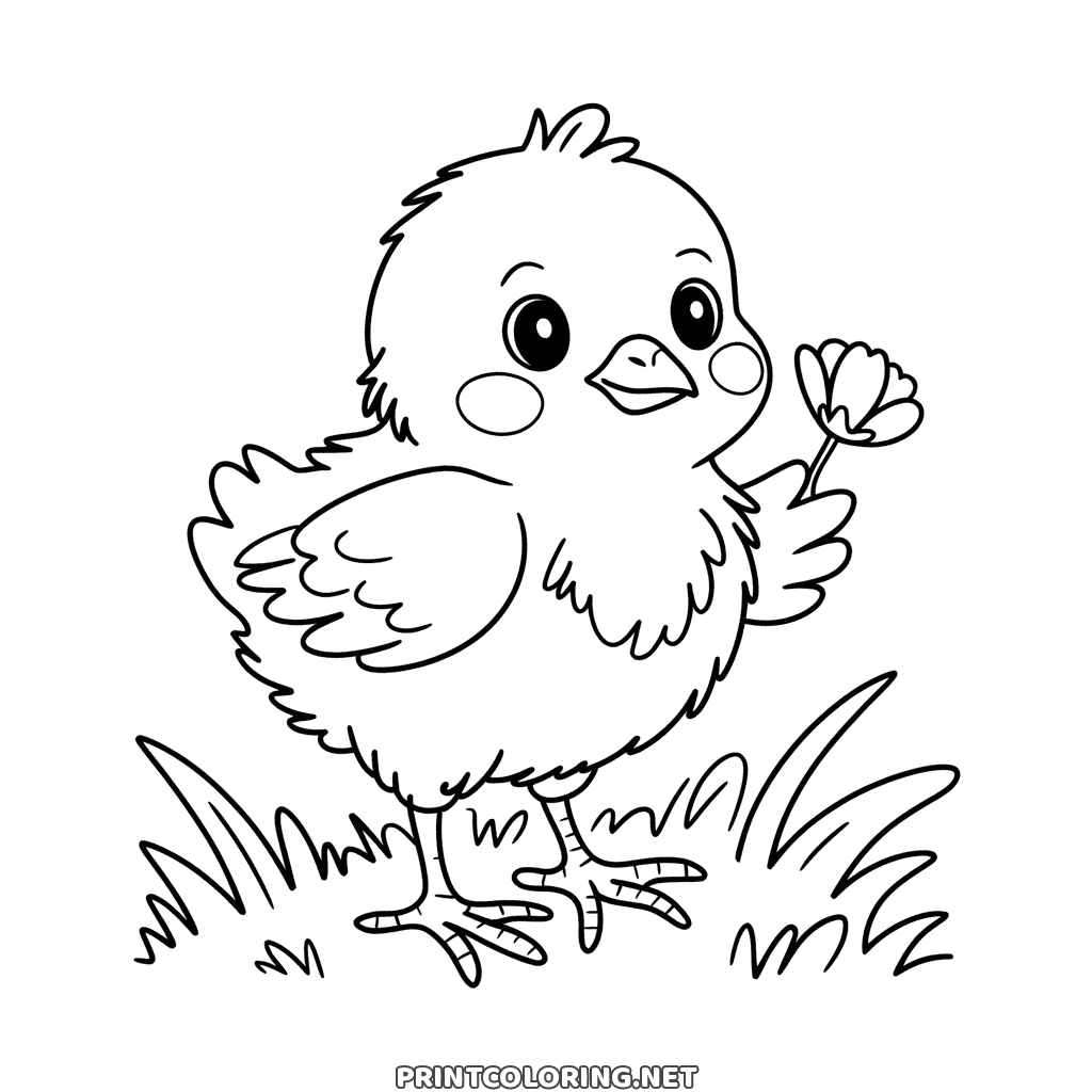Holding a little flower, a cute chick with rosy cheeks stands in grass on this coloring page