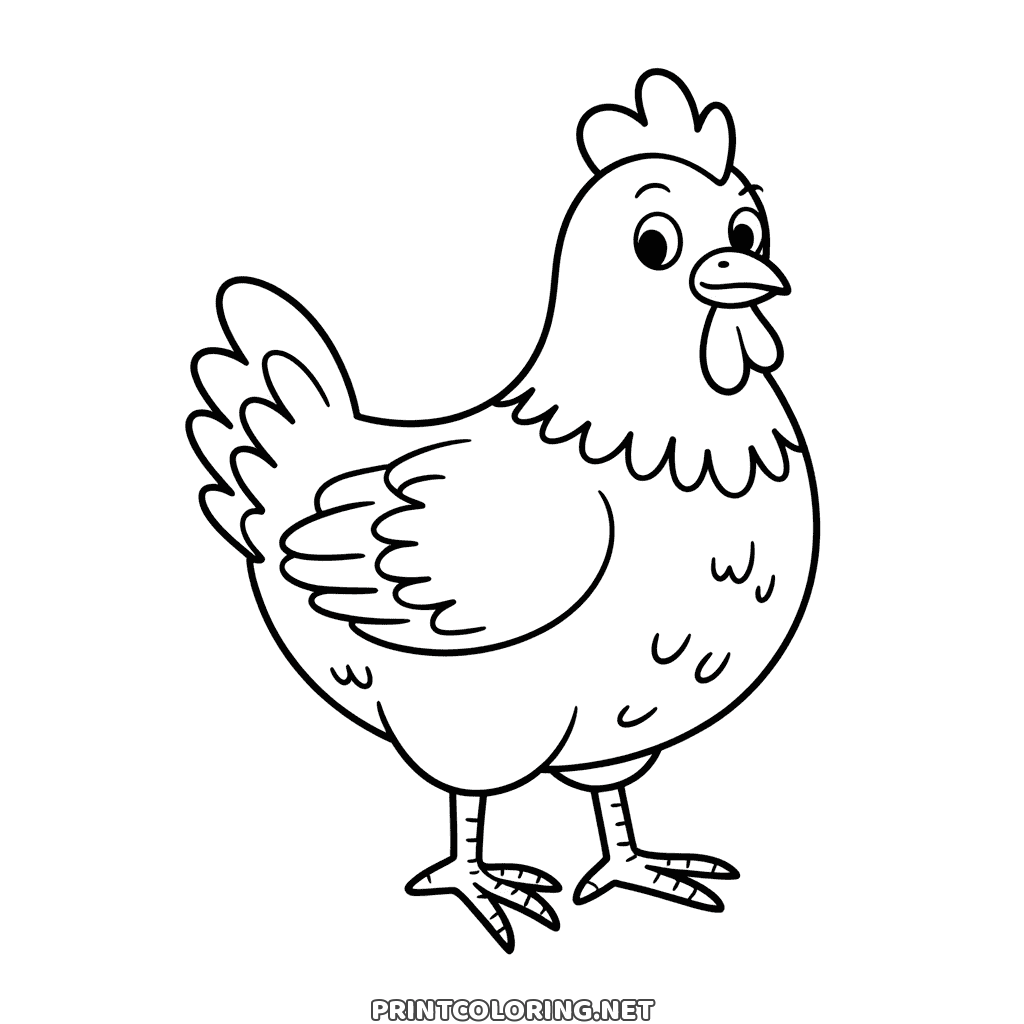 Simple chicken coloring page: a plump cartoon hen with a big comb, standing on her own