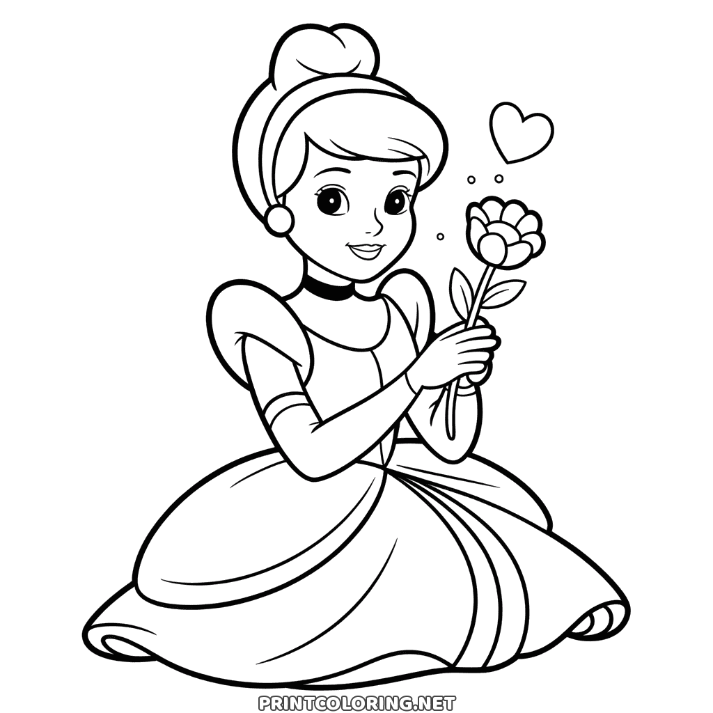 Cute Cinderella coloring page: the princess kneeling in her gown and holding up a flower, a heart above