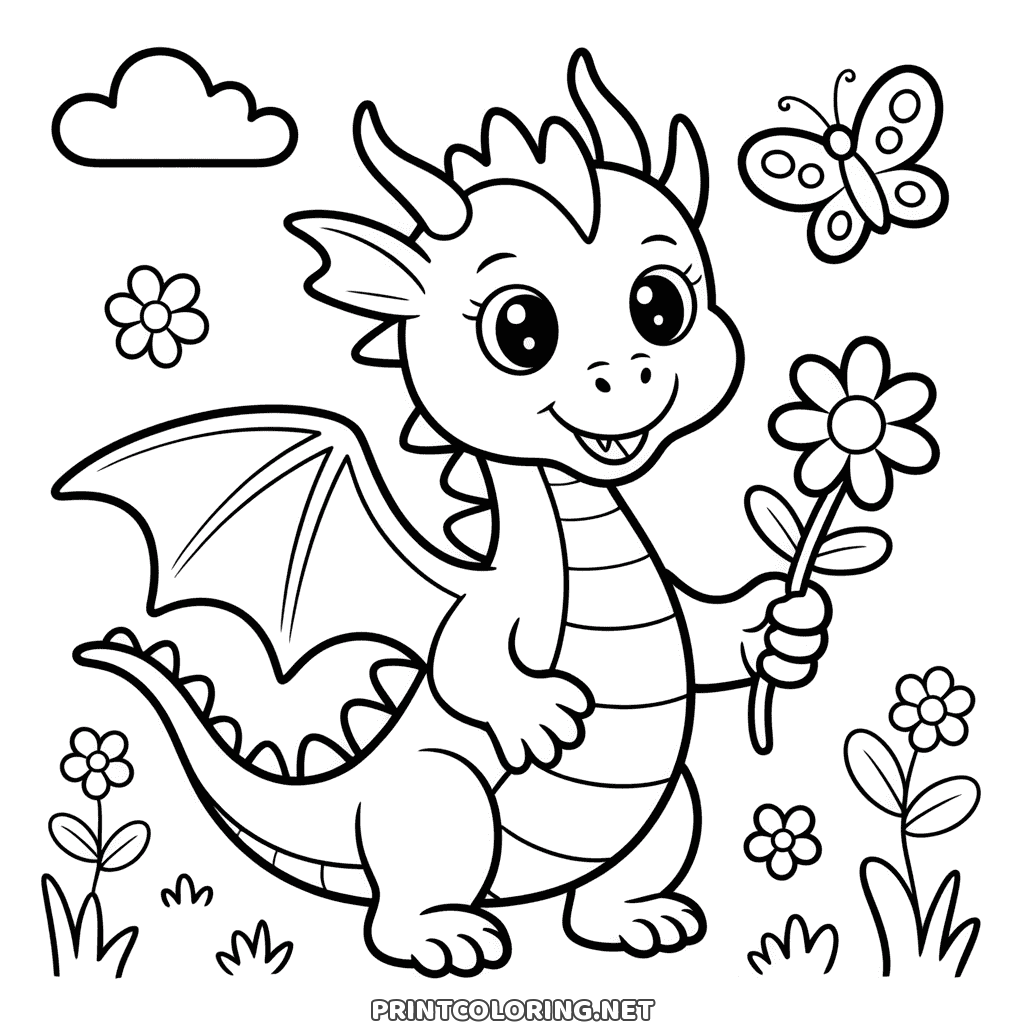 Süßer Drache mit Blume auf der Wiese, ein Schmetterling darüber: Ausmalbild für Kinder