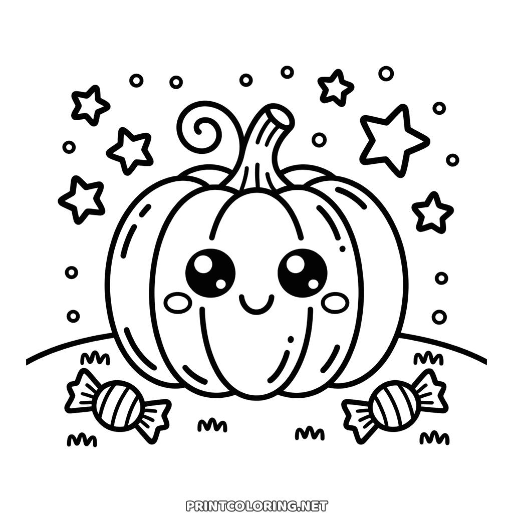 Kawaii Halloween Kürbis zum Ausmalen, große glänzende Augen, geringelter Stiel, Sterne ringsum
