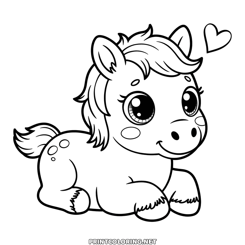 A round foal lying down with huge eyes and a heart above, free horse page to color