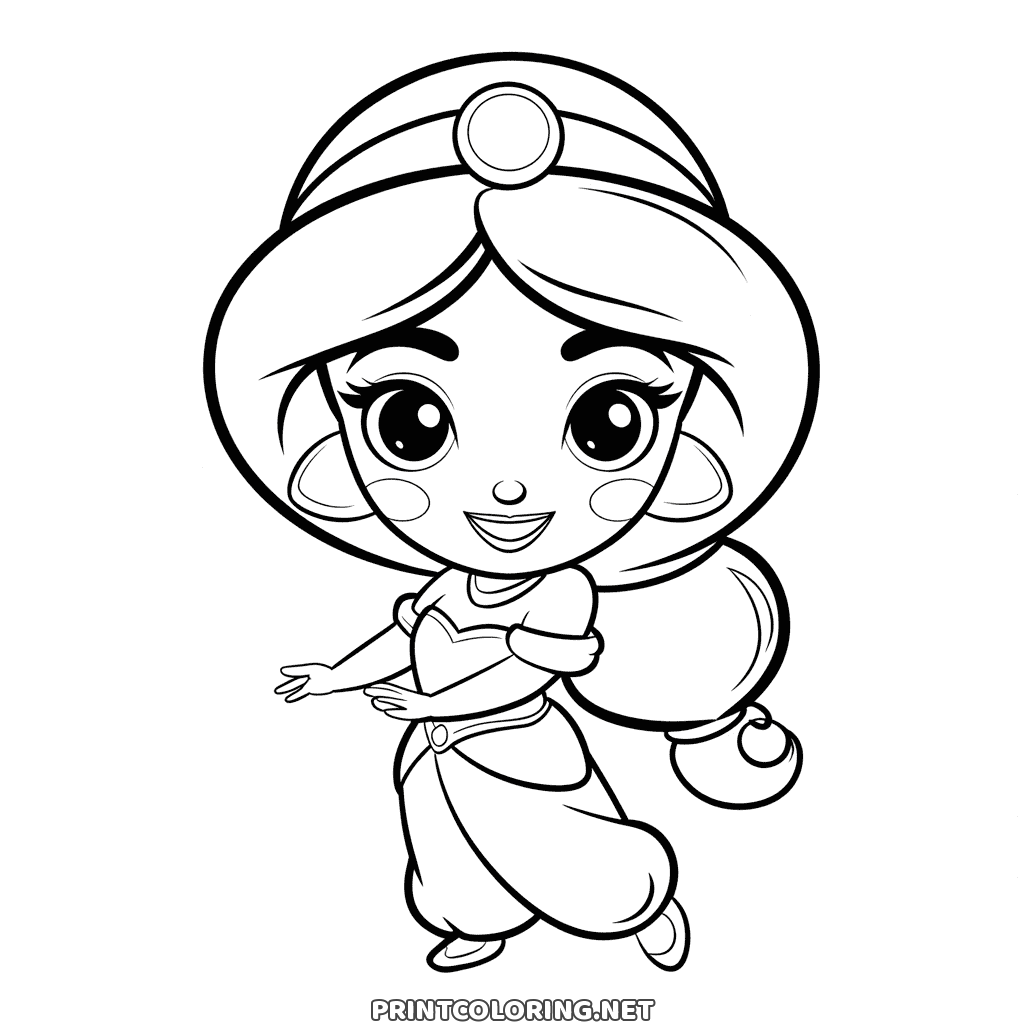 Süßes Jasmin Ausmalbild: eine Chibi Prinzessin mit großen Glanzaugen und runden Bäckchen, ein Arm ausgestreckt