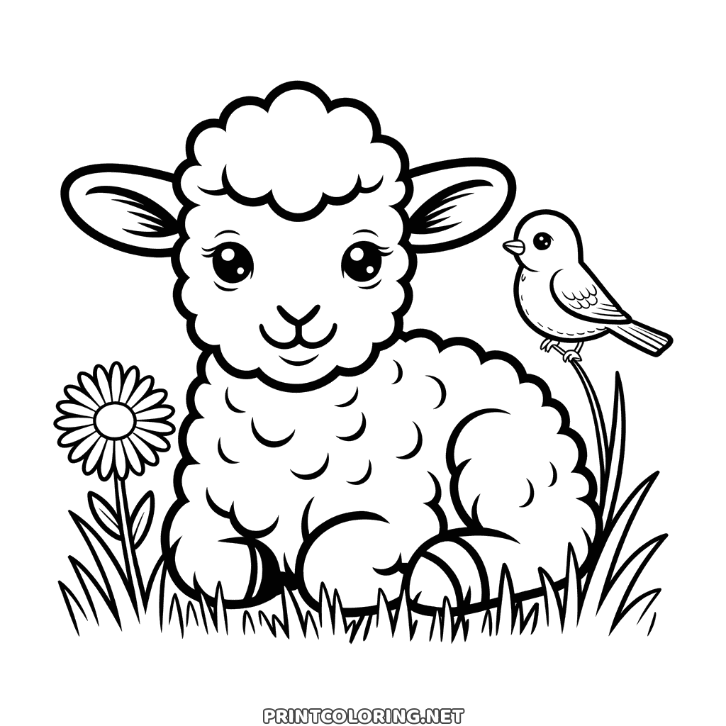Cute lamb coloring page for toddlers: a curly lamb resting in grass, a daisy and a little bird