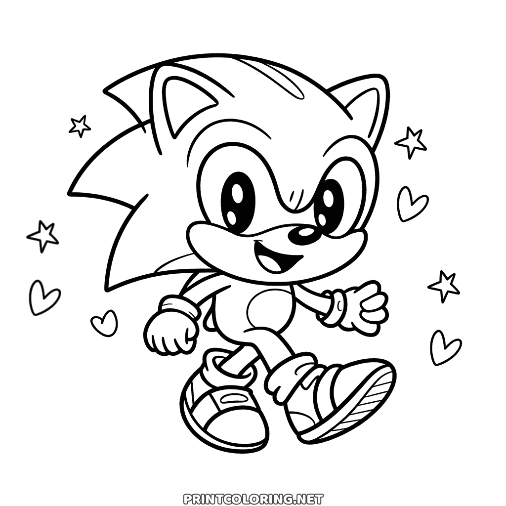 Coloriage Sonic mignon pour enfants : un petit Sonic tout rond entre des étoiles et des cœurs