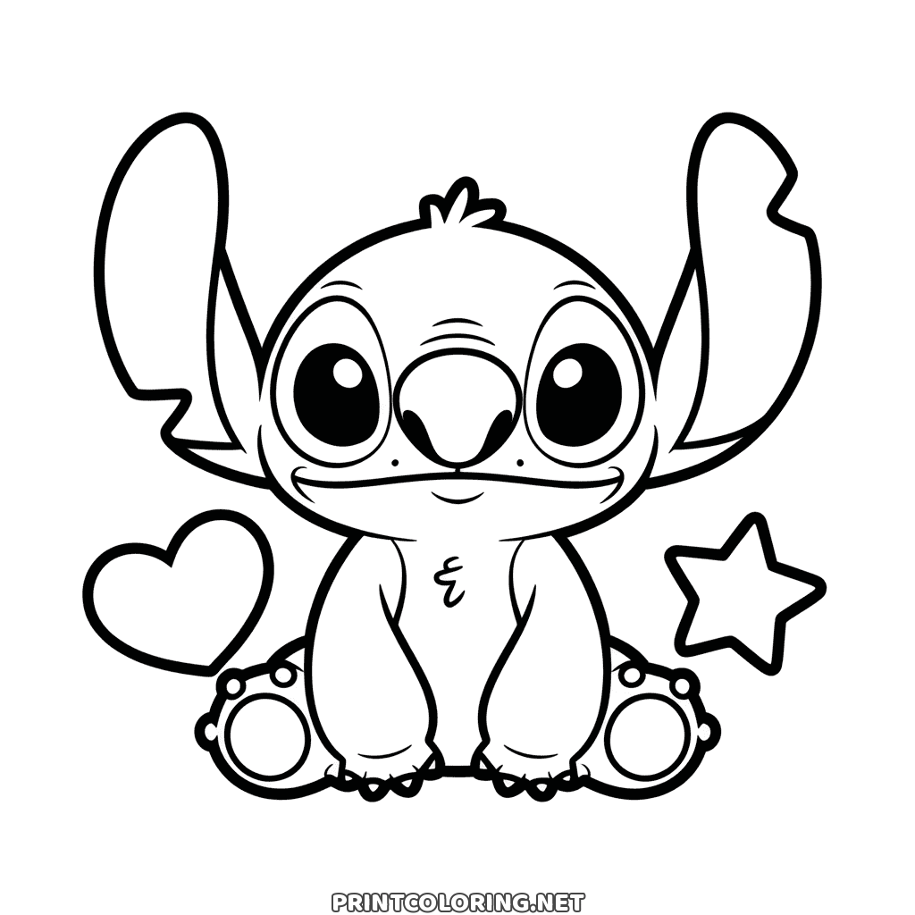 Roztomilý Stitch, omalovánka pro nejmenší: sedí mezi srdíčkem a hvězdou