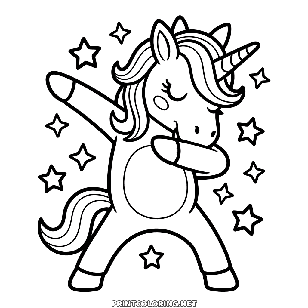 Funny dabbing unicorn coloring page: standing on two legs, eyes closed, stars all around