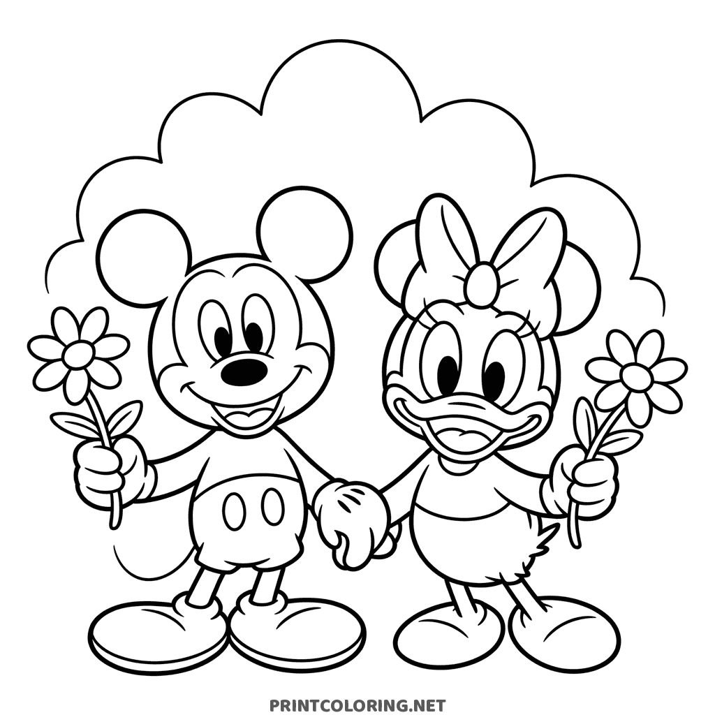 Mickey Mouse and Daisy Duck coloring page, each holding a flower in front of a round hedge