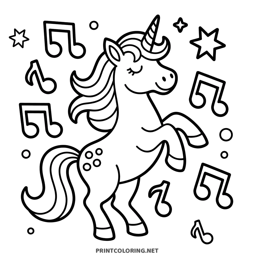 Dancing unicorn coloring page rearing up surrounded by music notes and stars