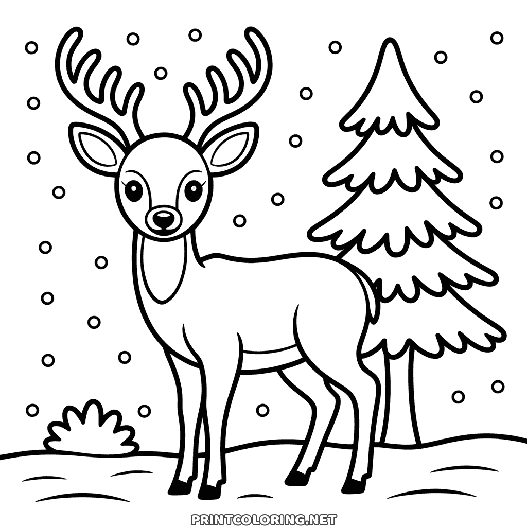 Un jeune cerf aux petits bois debout dans la neige près d'un sapin, à colorier