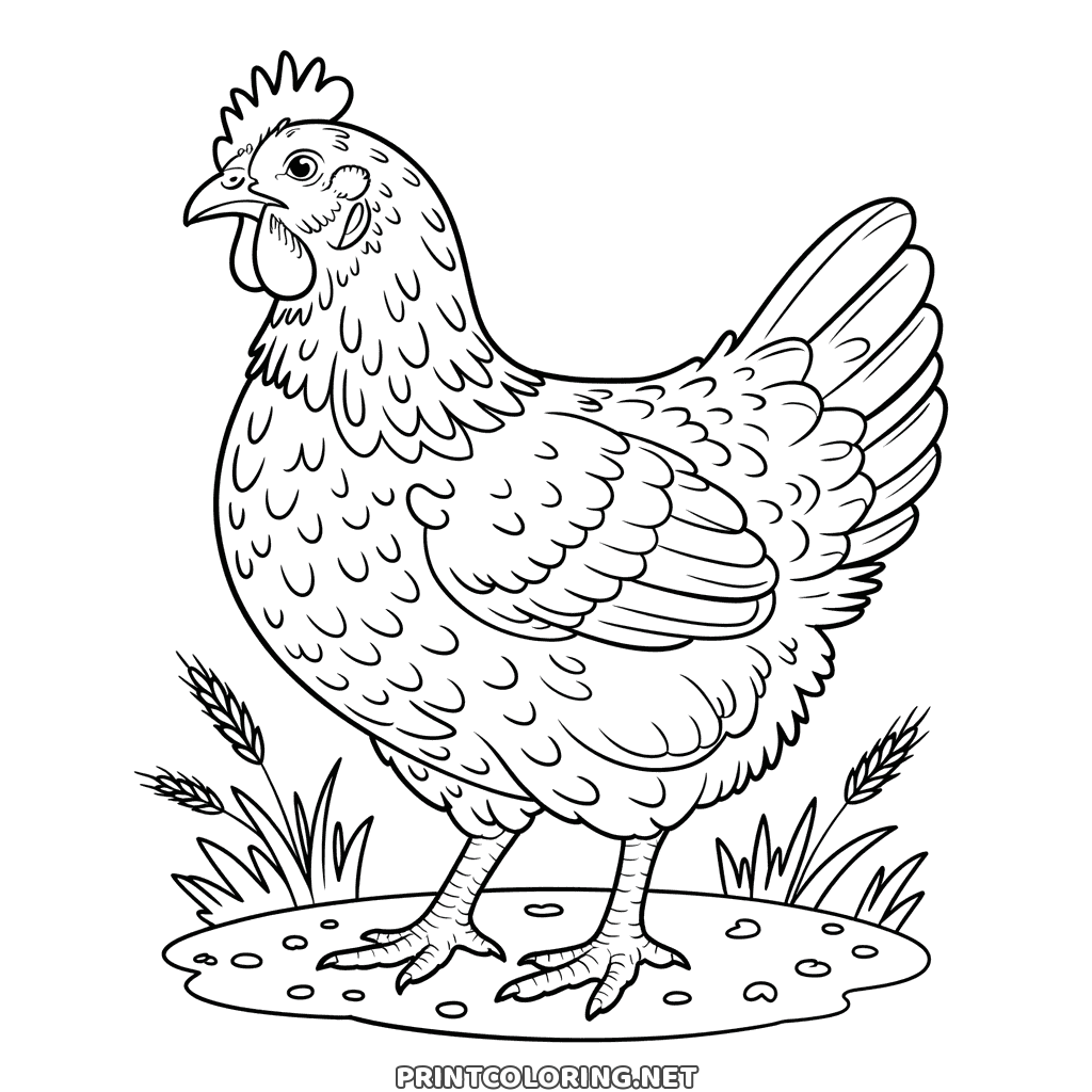 Scalloped feathers, wheat ears and grain on the ground around a detailed hen to color