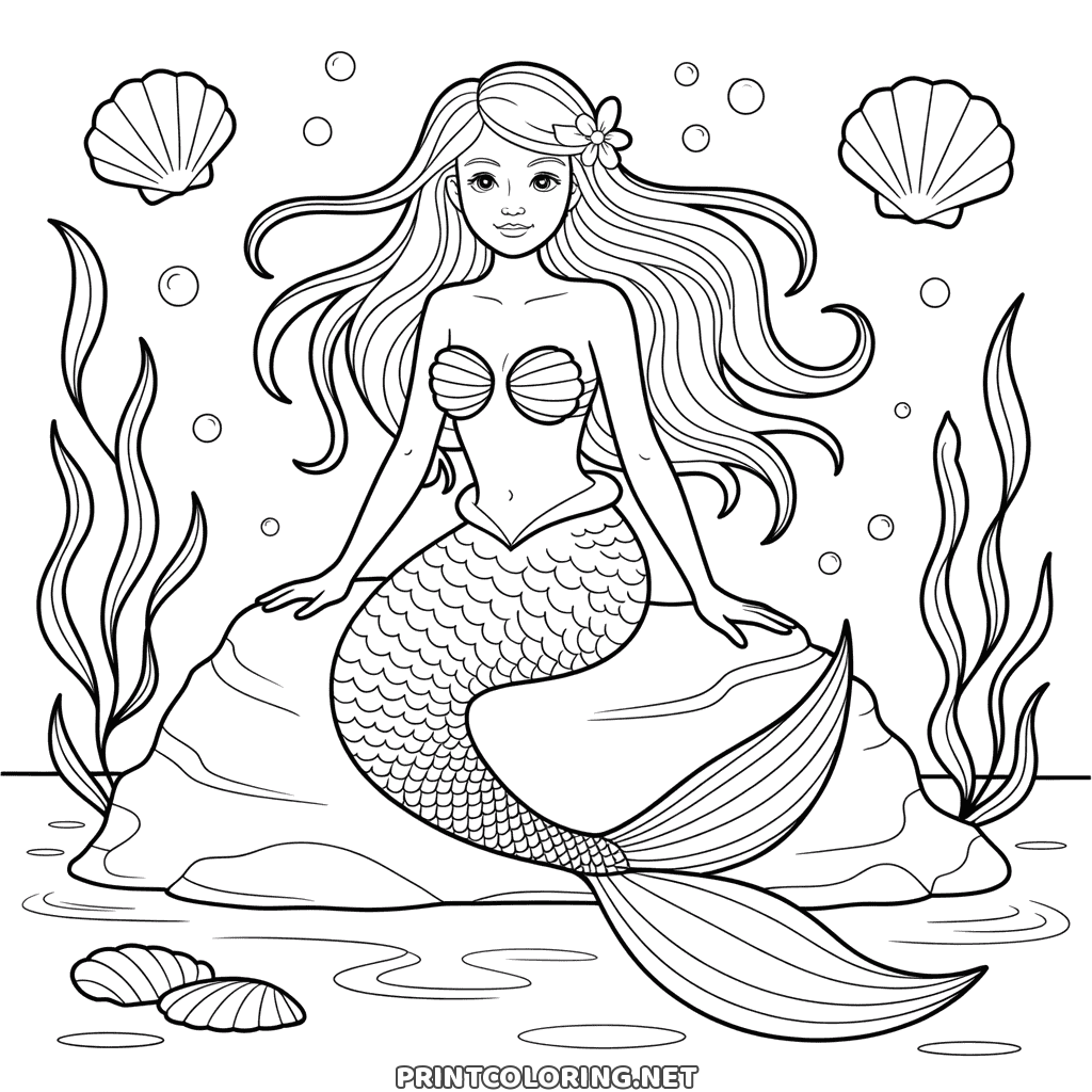Detailed mermaid coloring page, seated on a rock between seaweed, with shells and bubbles around her