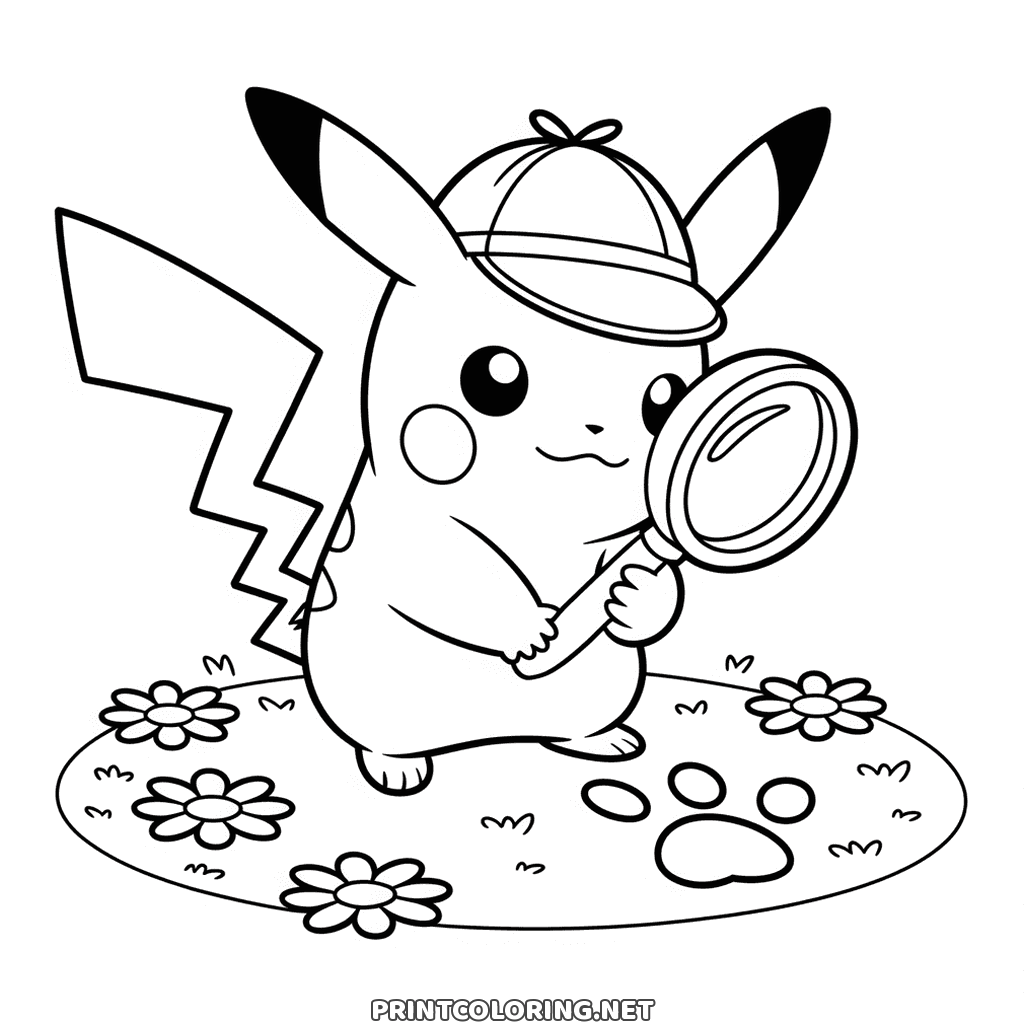 Detective Pikachu with a deerstalker hat and a magnifying glass over a paw print, Pokémon page to color