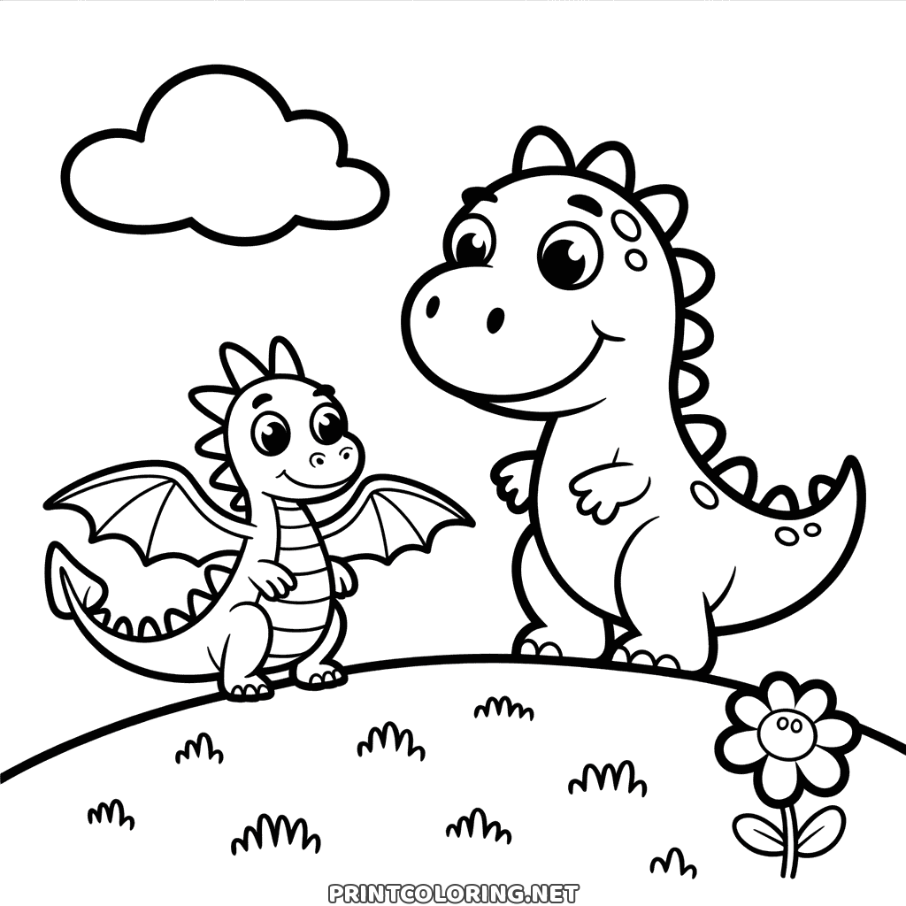 Dinosaur and dragon coloring page: a little winged dragon beside a bigger smiling dinosaur