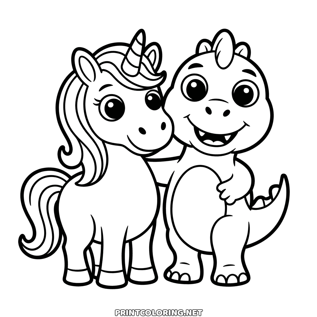 Cute unicorn and baby dinosaur standing cheek to cheek, both smiling, a unicorn coloring page
