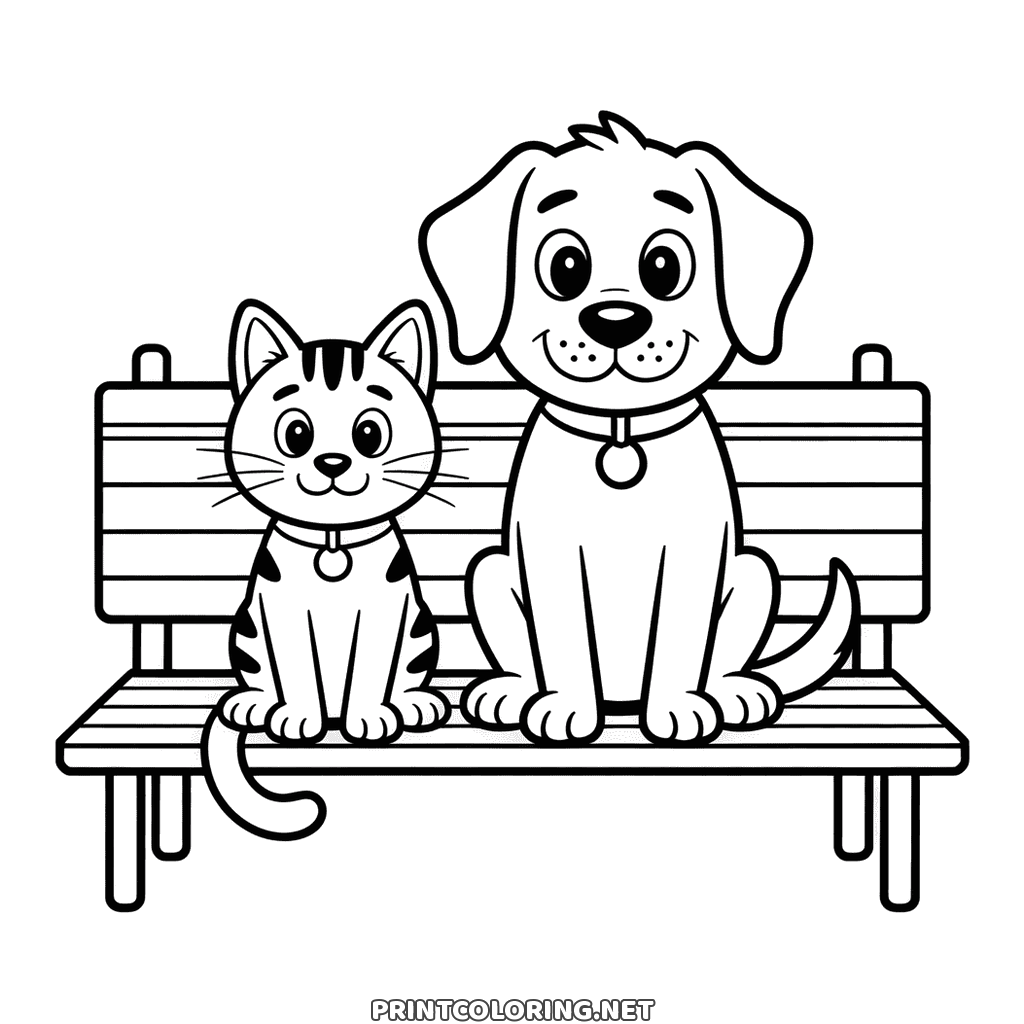 Hund och katt sitter bredvid varandra på en bänk av trälister, gratis målarbild