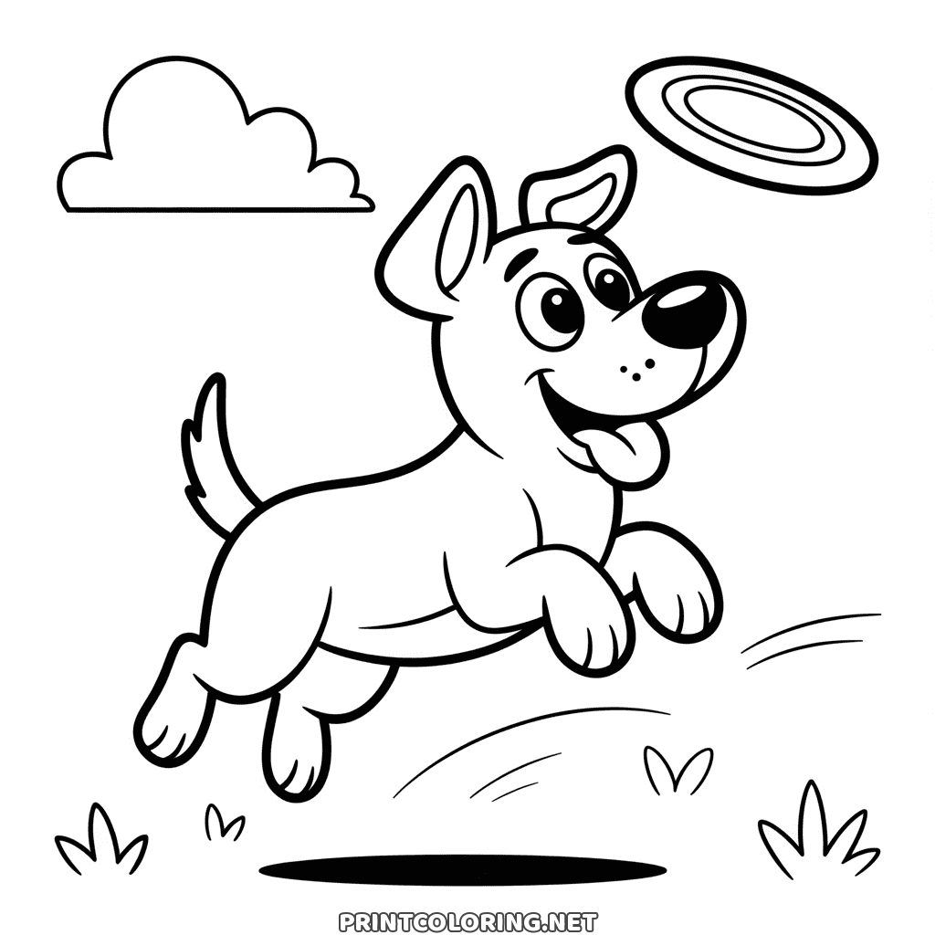 A happy dog leaping off the grass for a frisbee flying above, easy dog coloring page to print