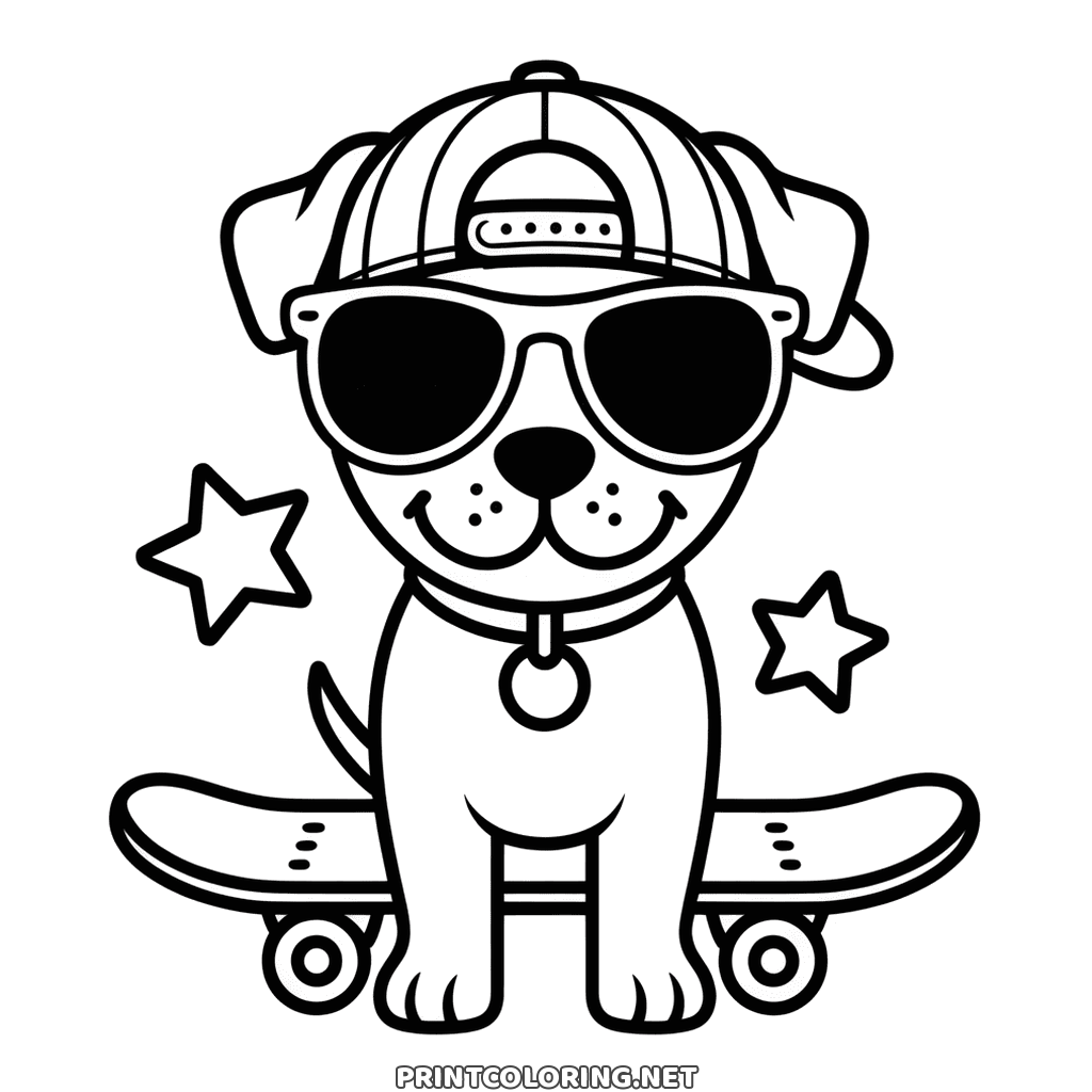 Cool dog coloring page to print: in a backwards cap and sunglasses on a skateboard