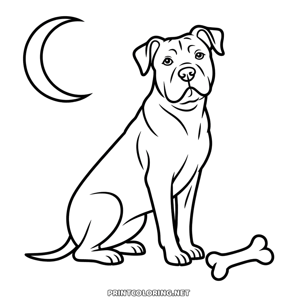 Printable dog coloring page: a sturdy dog sitting in profile under a crescent moon