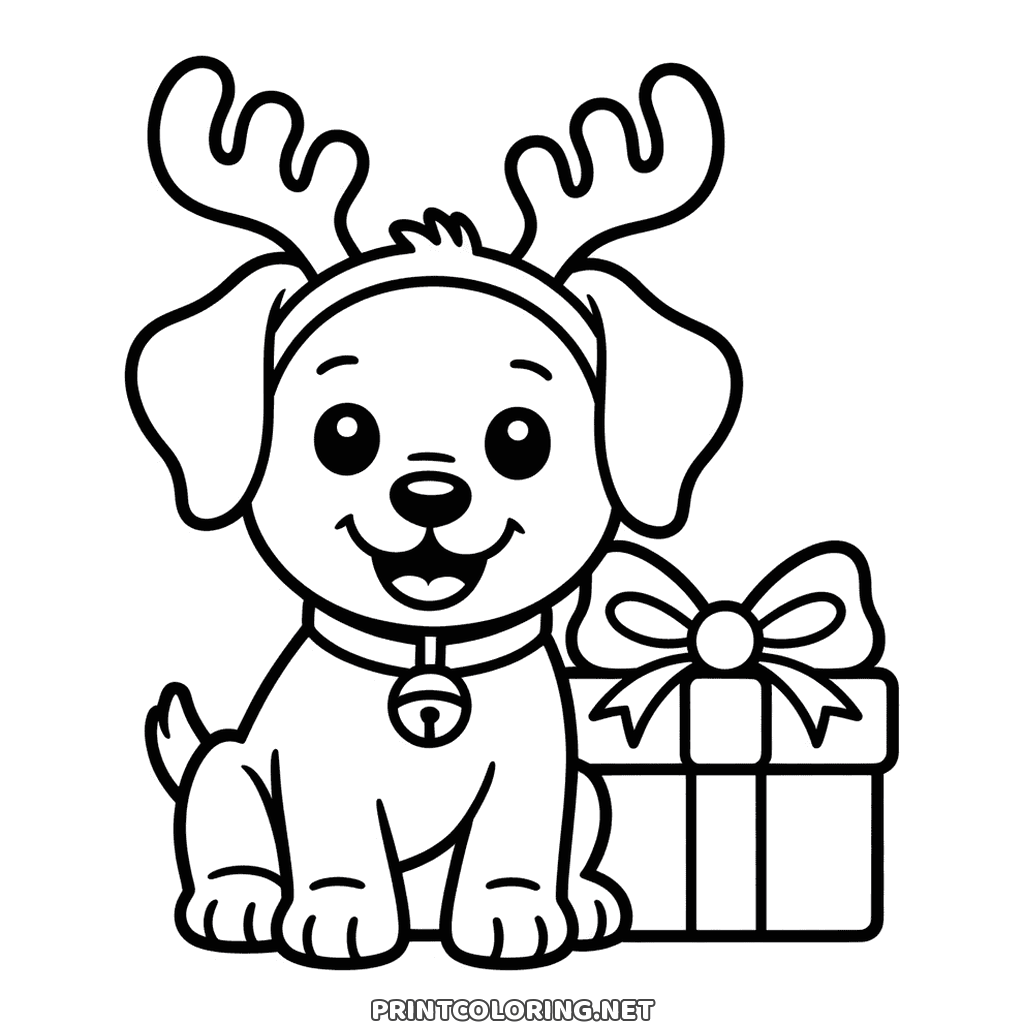 Christmas dog coloring page for kids: a puppy in reindeer antlers beside a present