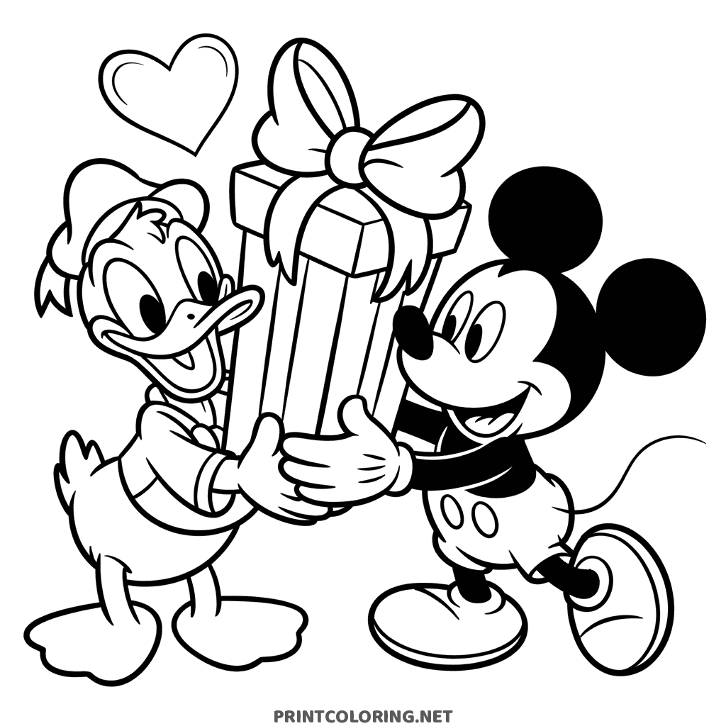 Mickey Mouse and Donald Duck coloring page with a wrapped gift and a heart