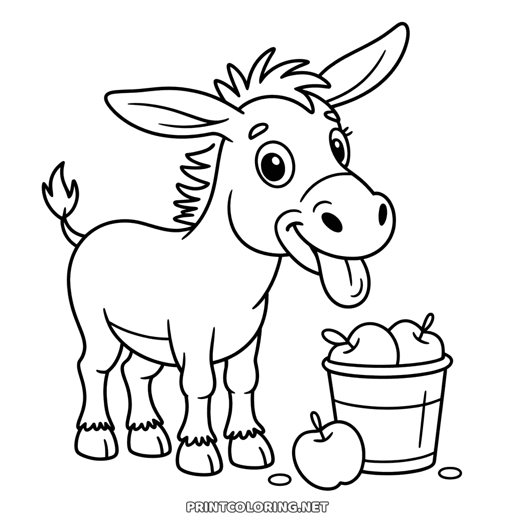 Funny donkey coloring page with its tongue out next to a bucket of apples and one on the ground