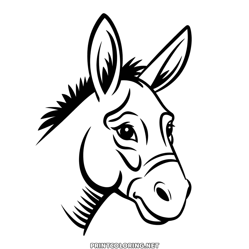 Donkey head coloring page drawn in bold strokes, with tall ears, a spiky mane and a gentle eye