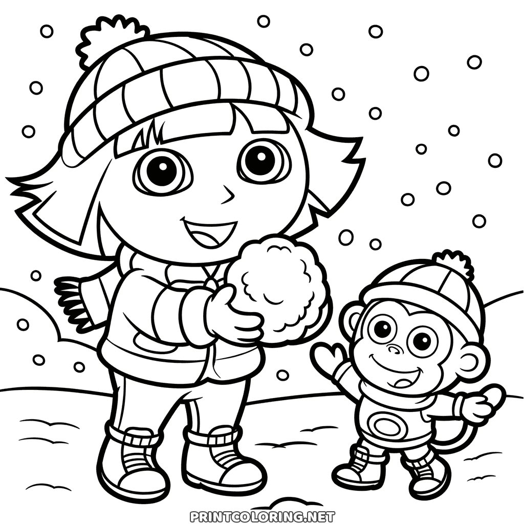 Dora utforskaren målarbild: Dora med en stor snöboll och Boots som vinkar en snöig vinterdag