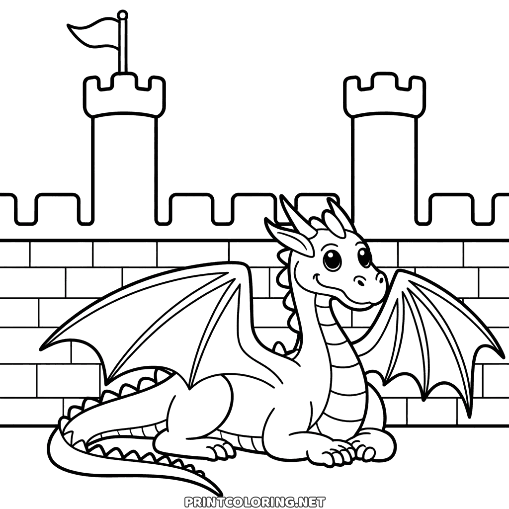 Dragon lying in front of a castle wall with towers and a flag, a fairy-tale dragon coloring page