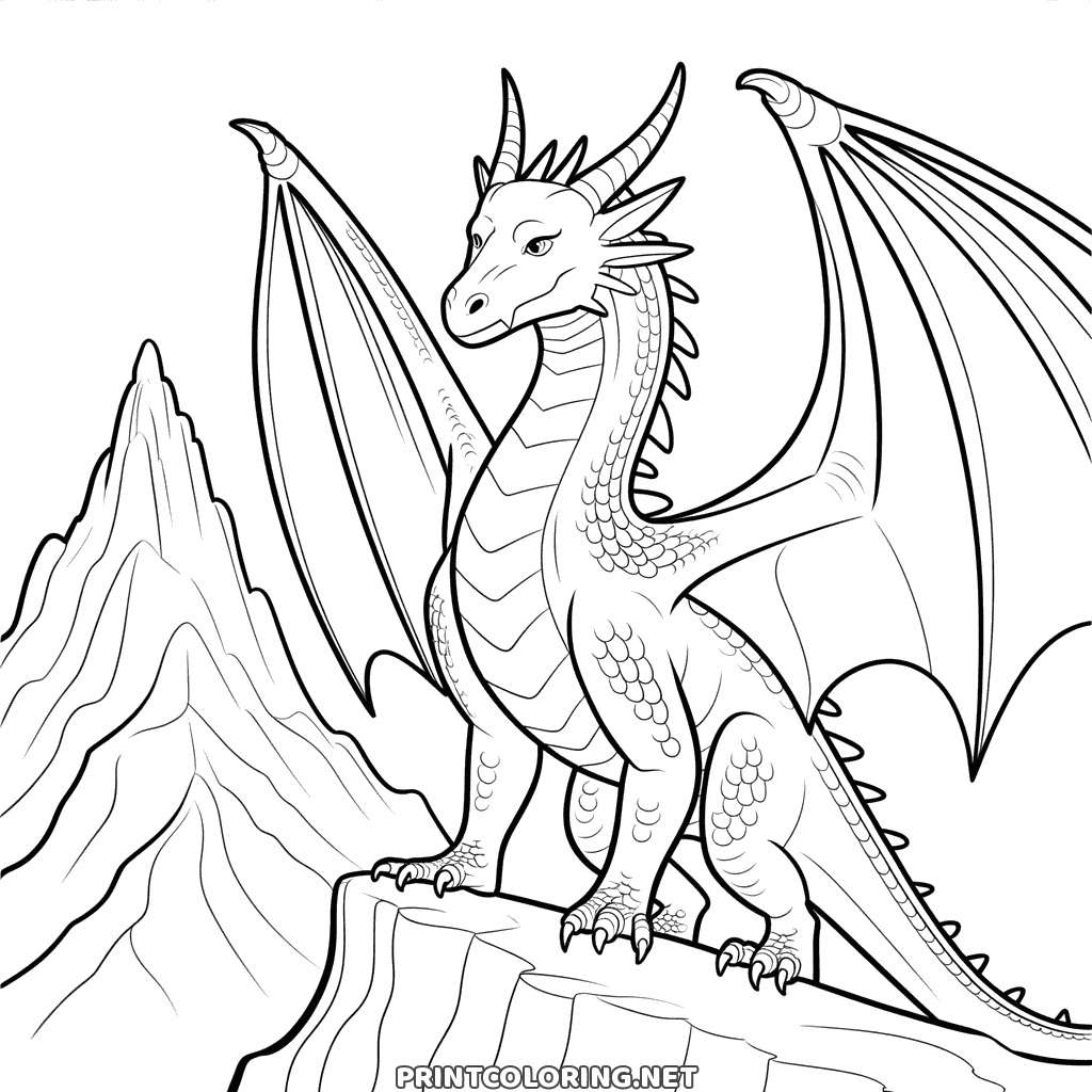 Realistisches Drachen Ausmalbild für Erwachsene: ein Drache mit erhobenen Flügeln auf einer Klippe am Berg
