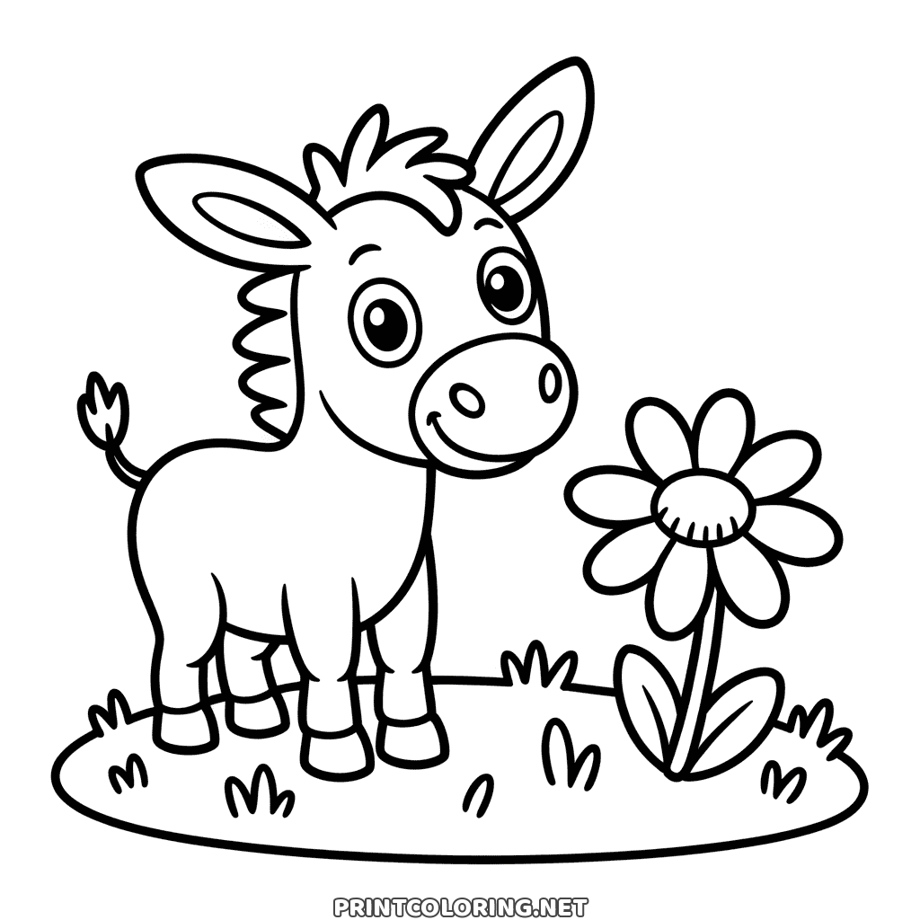Easy donkey coloring page for toddlers: a little donkey with big eyes next to a giant daisy