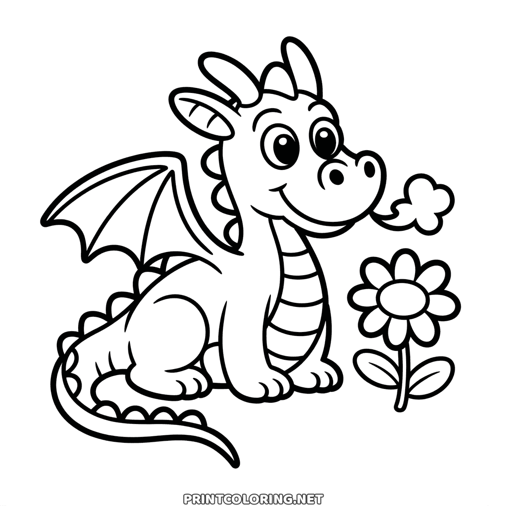Einfaches Ausmalbild Drache für Kinder: ein freundlicher Drache pustet Rauch neben einer Blume