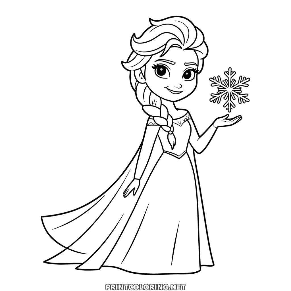 Easy princess Elsa coloring page: standing with a snowflake above her open hand